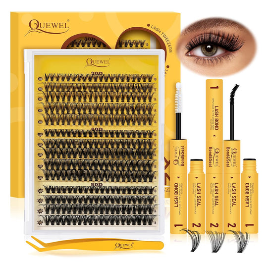 QUEWEL Lash-Clusters-Kit, 30+40+50D-Lash-Clusters Mixed 10-16mm Soft DIY-Lash-Extension-Kit with Lash Bond and Seal Waterproof, and Eyelash Clusters Tweezers Easy DIY at Home(30+40+50 KIT)