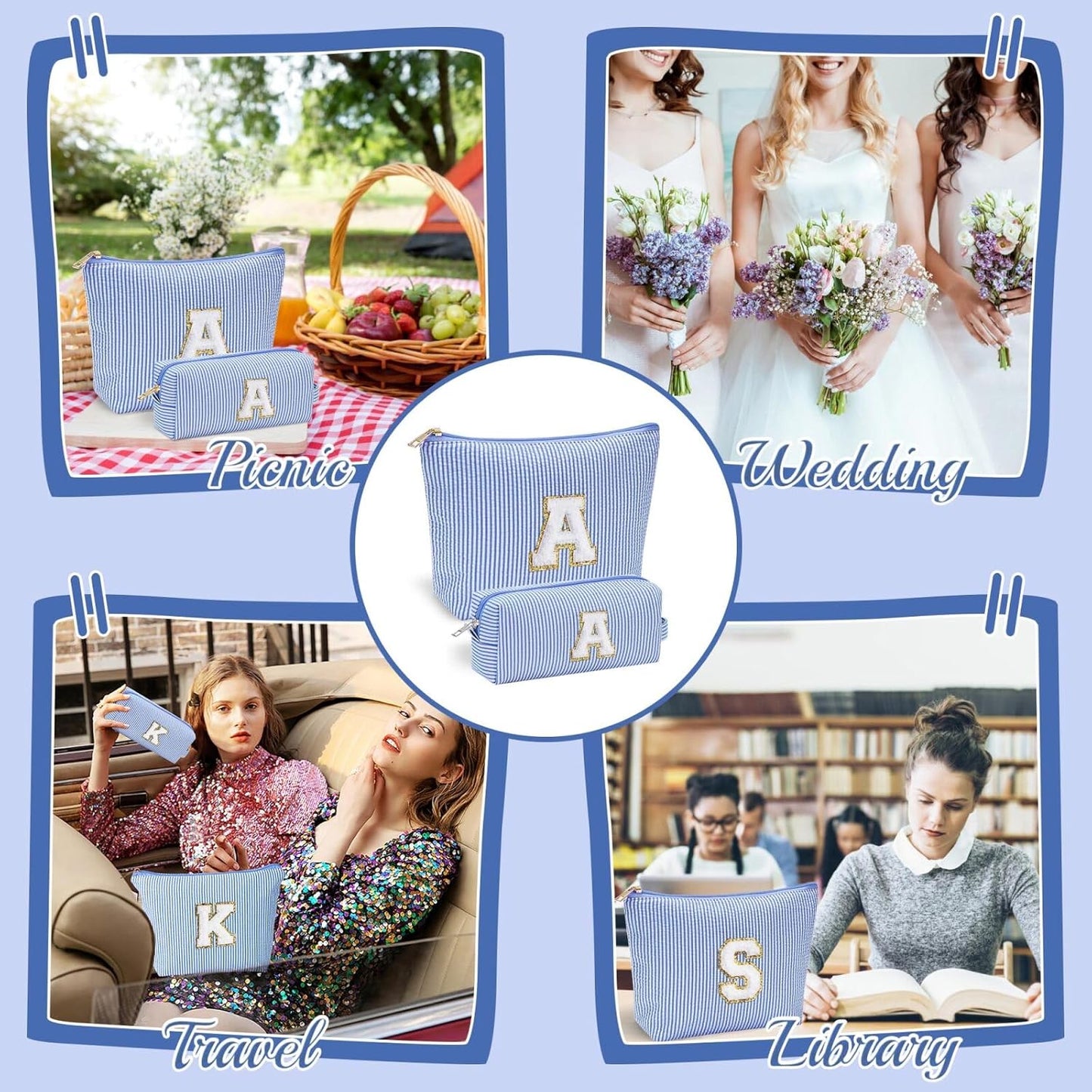 YOOLIFE Personalized Gifts for Women, Initial Makeup Bag with Makeup Pouch Cosmetics Organizer Bag Cute Makeup Bag Wedding Mothers Day Gifts Wedding Gifts for Sister Wife Friend Female Mom Blue N