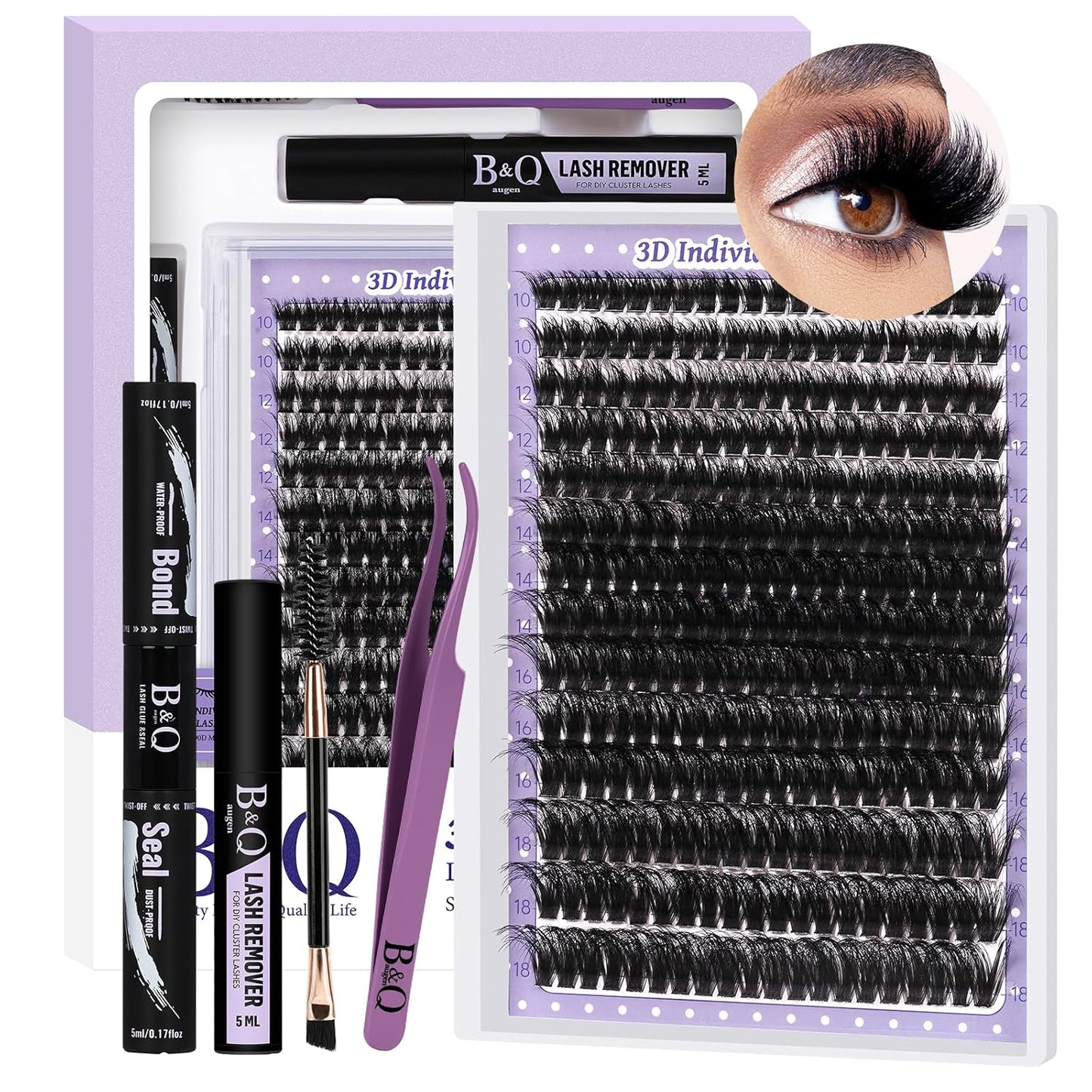 B&Qaugen B&Q Lash Extension Kit 3D Thick Lash Clusters Kit 280pcs Eyelash Extension Kit 10-18mm 90D D Curl DIY Lash Extension Kit with Lash Bond and Seal, Lash Remover (KIT-90D-MIX10-18mm), Black
