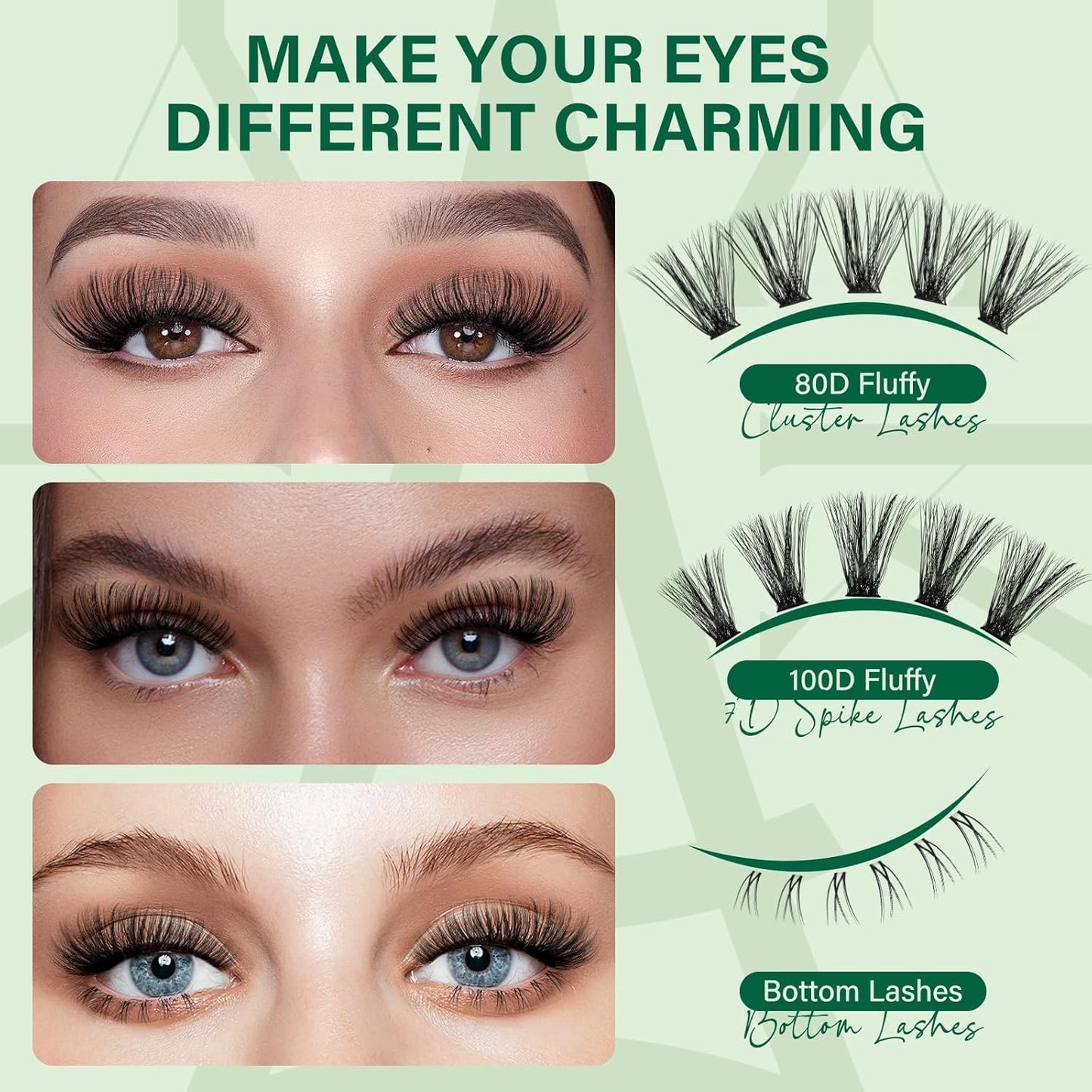 KEYYOU Lash Extension Kit with Bottom Lashes Mixed 5-18mm 80D 100D Eyelash Extension Kit Multi-Type Lash Clusters with Bond and Seal Applicator Remover DIY at Home