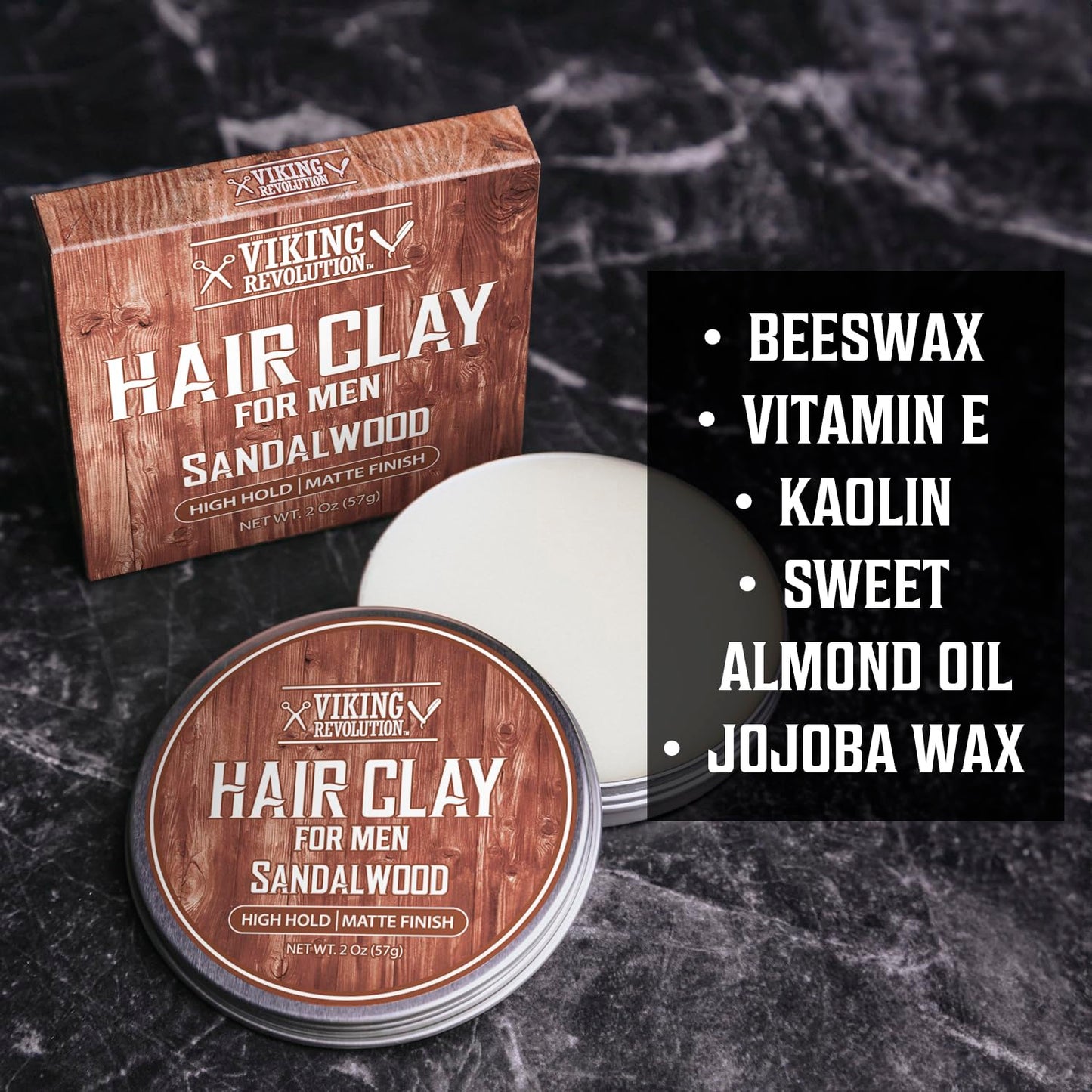 Viking Revolution Sandalwood Hair Clay – Strong Hold & Matte Finish, Texturizing Hair Clay for Men – Beeswax, Jojoba Wax & Vitamin E – Effortless Styling with Sandalwood Scent (2 pack, 2oz each)