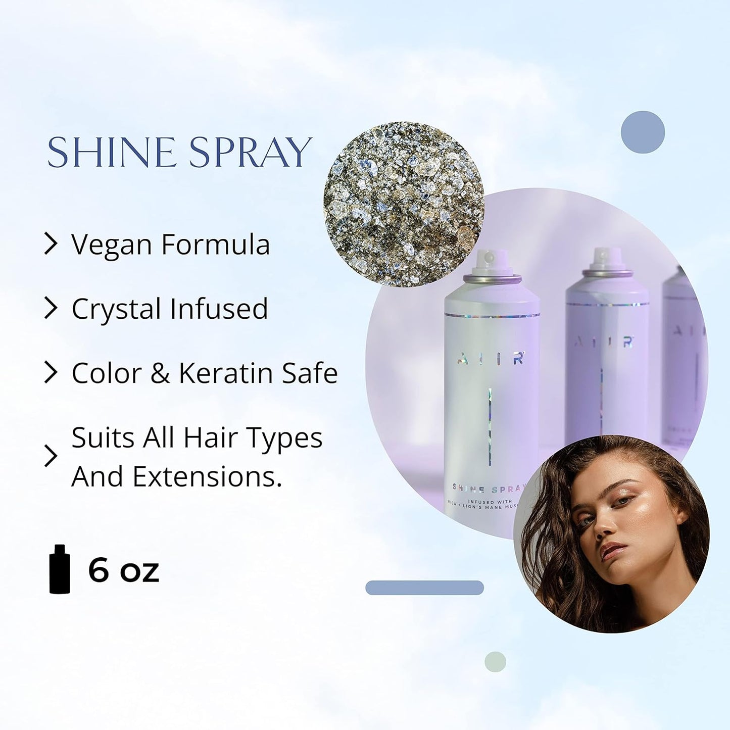 AIIR Shine Spray -Smoothing Spray for Glossy Sleek Hair, Humidity and Frizz Shield Spray, Gloss Spray, Lightweight Spray Coats and Protects Hair, Enhance Shine & Color with Reflect, 6 oz