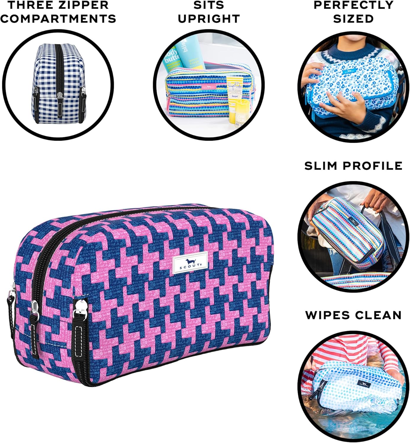 SCOUT 3-Way Toiletry Bag - Travel Makeup Pouch for Women with Three Zipper Compartments - Stands Upright, Wipes Clean