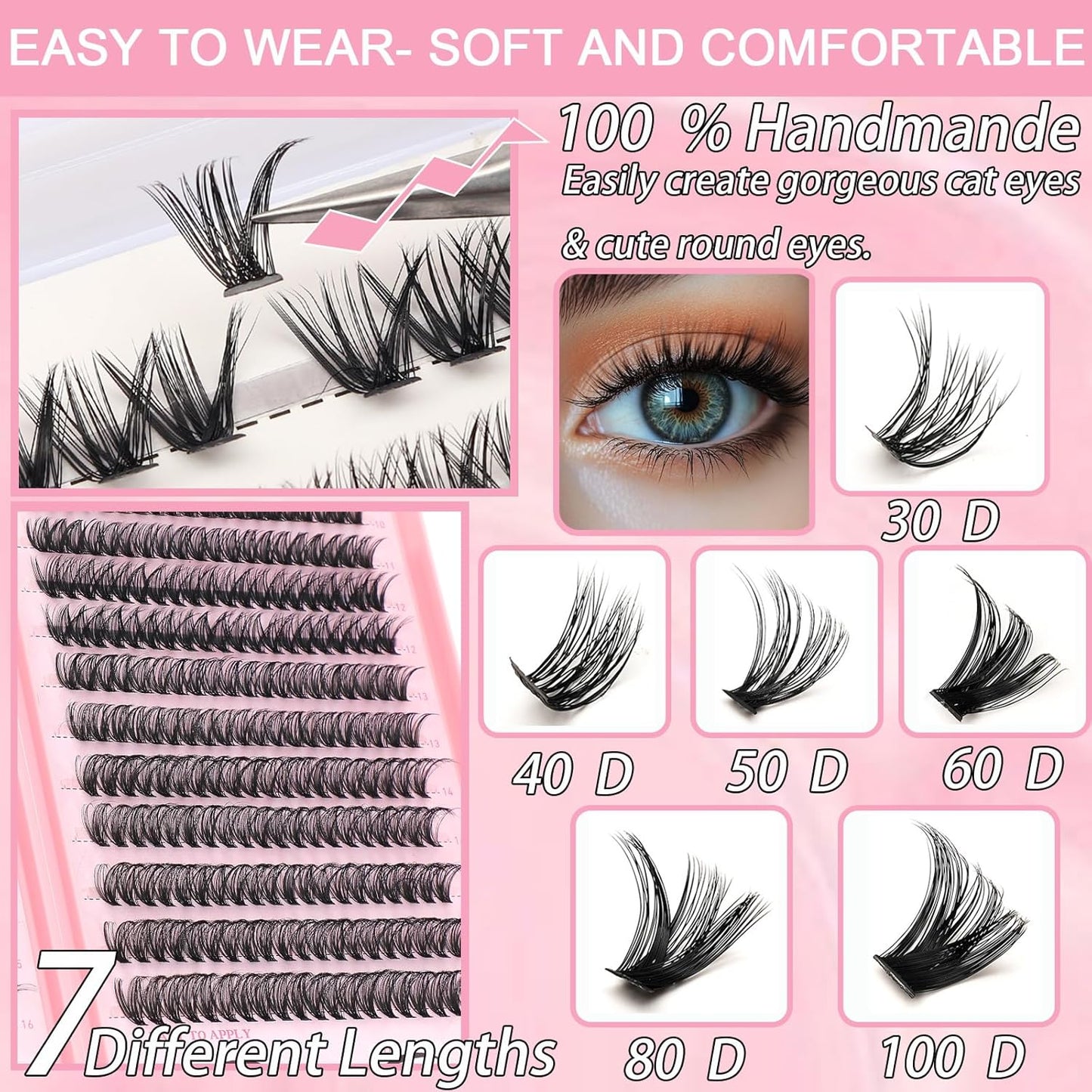 640 Pcs D Lash Clusters, Eyelash Clusters Individual Lash Extension Curl Fluffy Wispy False Eyelashes Extensions (Lash Clusters, 30D+40D 9-16mm)