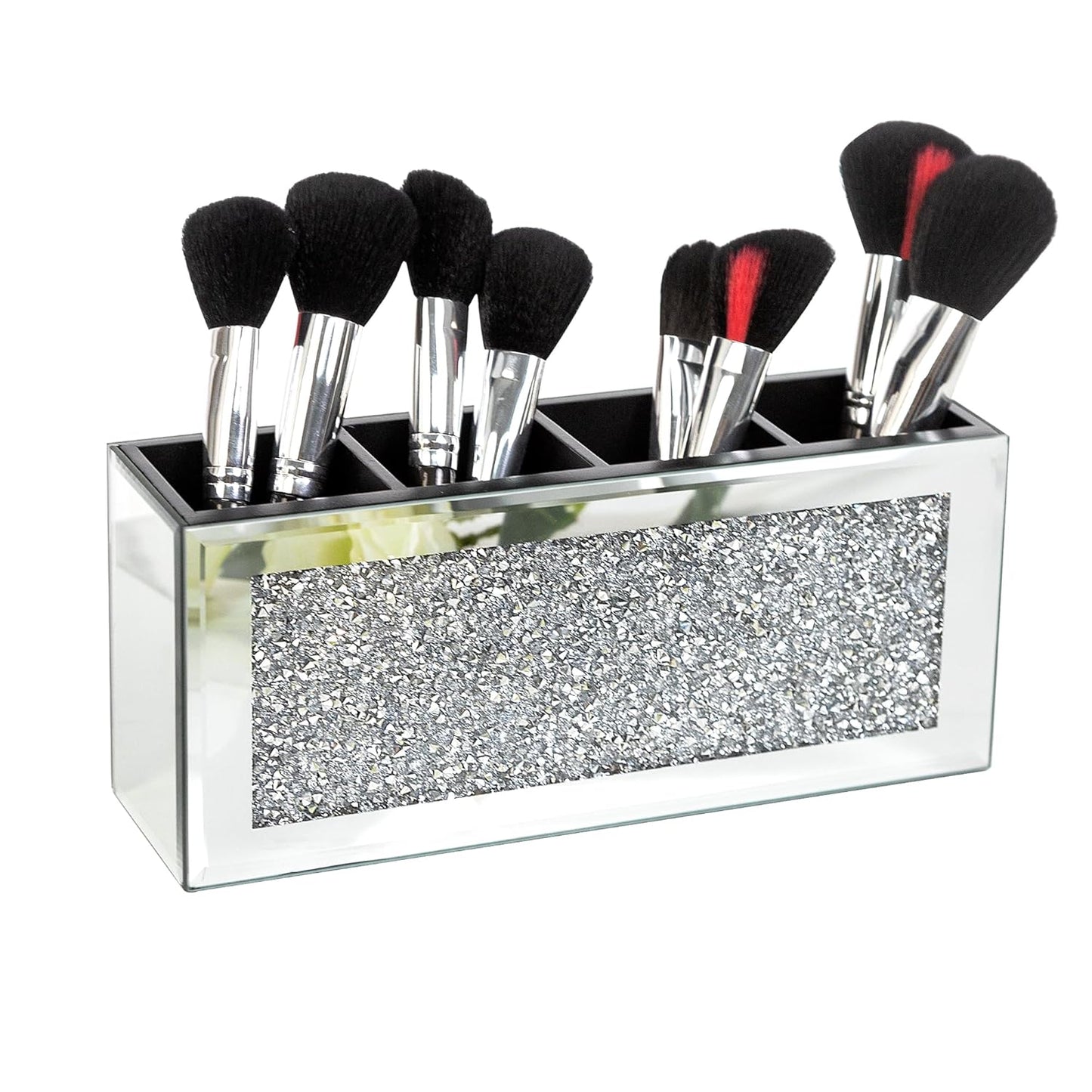 SHYFOY 4-Compartment Makeup Brush Holder, Mirrored Makeup Organizer with Crushed Diamond Crystals, Vanity Cosmetics Organizer Solution, Pencil Holder Organizer for Desk