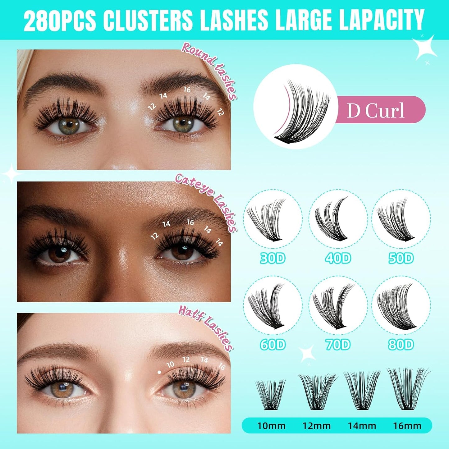 Lash Clusters Wispy 280PCS Eyelash Extension 40D 50D Cluster Lashes Individual Lashes DIY Lash Extension Natural Look Cluster Eyelash Extensions Soft False Eyelashes at Home for Beginners(10mm)