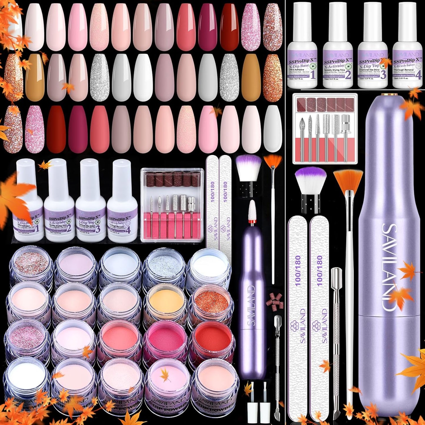 SAVILAND Dip Powder Nail Kit with Drill: 20 Colors All Season Nude Pink Keratin Dip Nails Powder Starter Kit with Dip Base Activator Top Coat Brush Saver for French Nail Art Manicure Home DIY