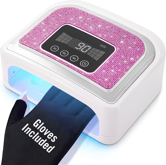 Cordless Nail Lamp, Rechargeable UV Nail Lamp for Gel Nails, LED Nail Lamp with 4 Timer Modes, Gel Nail Light Decorate with Sparkling Nail Rhinestones Diamond (Sparkly Rose Red Diamond)