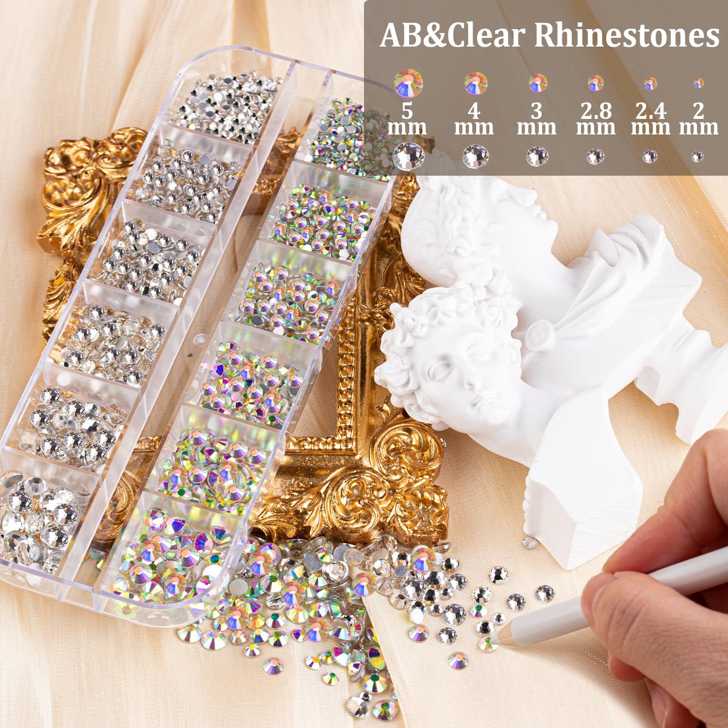 Colorful Face Gems for Makeup Set, Flatback Gorgeous AB&Clear Gems, Mixed-Colored Crystals with Tweezer+Picker Pencil+Makeup Glue+Dual-End Dotting Tool for Eye Hair Body Make-up and Nail Art Deco