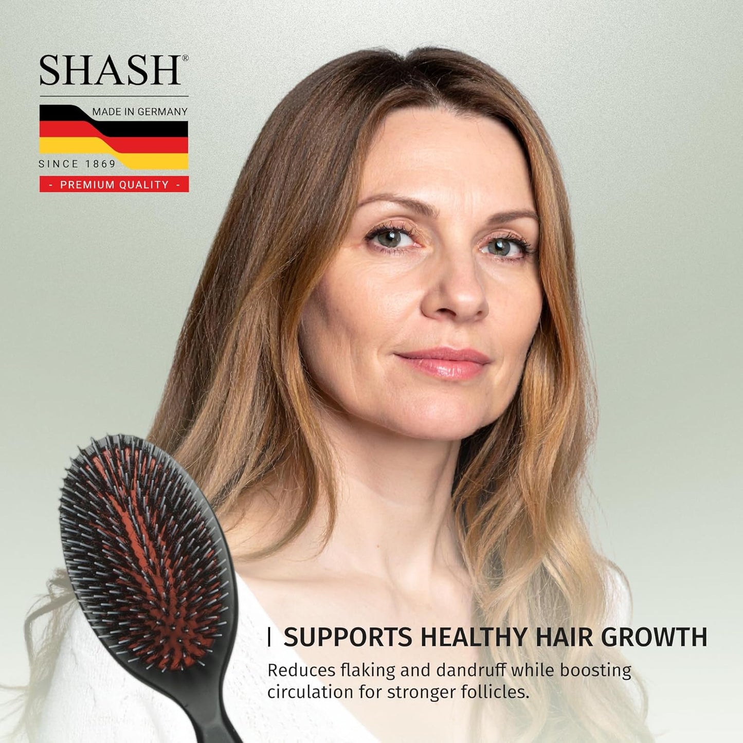 SHASH Since 1869 Hand Made In Germany - Nylon, 100% First Cut Boar Bristle Brush Suitable For Normal to Thick Hair - Gently Detangles, No Pulling or Split Ends - Softens Improves Texture, (Medium)