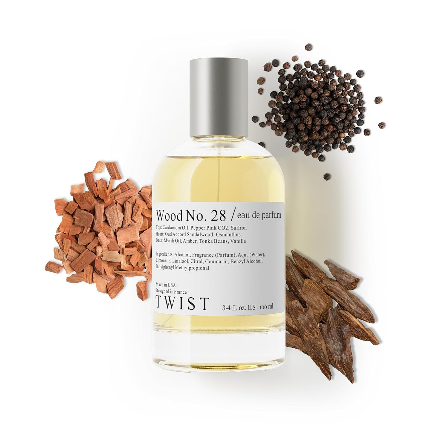 Twist Wood No. 28 - Eau De Parfum Inspired by T. Ford Oud Wood, Long-Lasting Perfume for Women & Men, Paraben Free, Vegan, Clean Ingredients, Unisex, Fragrance - Spray 100 ml | 3.4 fl. oz.