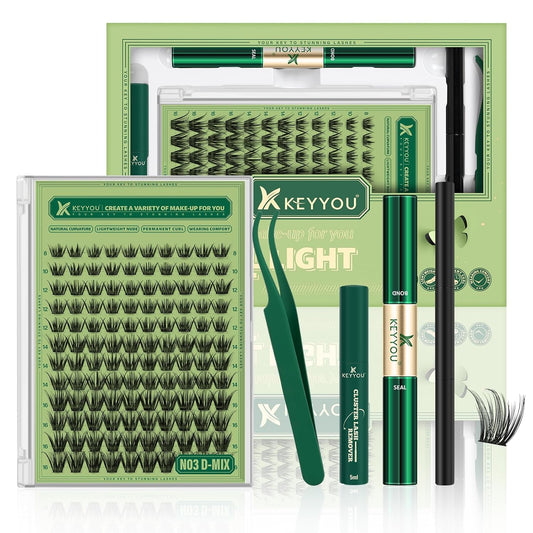 KEYYOU Natural Lash Clusters Kit 144Pcs DIY Lash Extension Kit Wispy Eyelash Extensions Kit D Curl 8-18MIX with Bond and Seal and tweezers with Thin Lash Band(KIT-N03-D-8-18MIX)