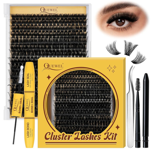 QUEWEL DIY Lash Extension Kit, 300pcs Cluster Lashes Mixed 10-20mm Lash Clusters Kit with Lash Bond and Seal Waterproof, Lash Applicator and Brush, DIY Lash Extensions at Home(100D RR-KIT)