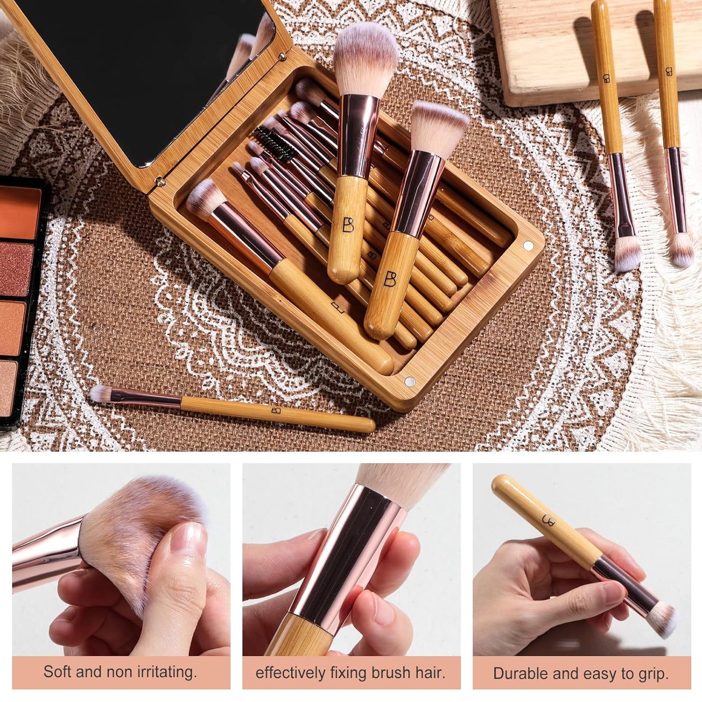BS-MALL Travel Makeup Brush Set Kabuki Brushes Bamboo- Includes Eyeshadow Blush Brush & Foundation Brush For Liquid Makeup - 5X Magnifier Bamboo Mirror Case For Travel or On the Car Daily Use