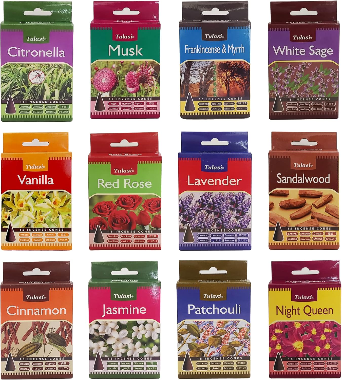 Tulasi Classic Incense Cones with Natural Oils Scents, Set of 12 Fragrances (180 Cones) Calming Home Aromatherapy, Meditation, Relaxing, Mixed Scents with Natural Oils