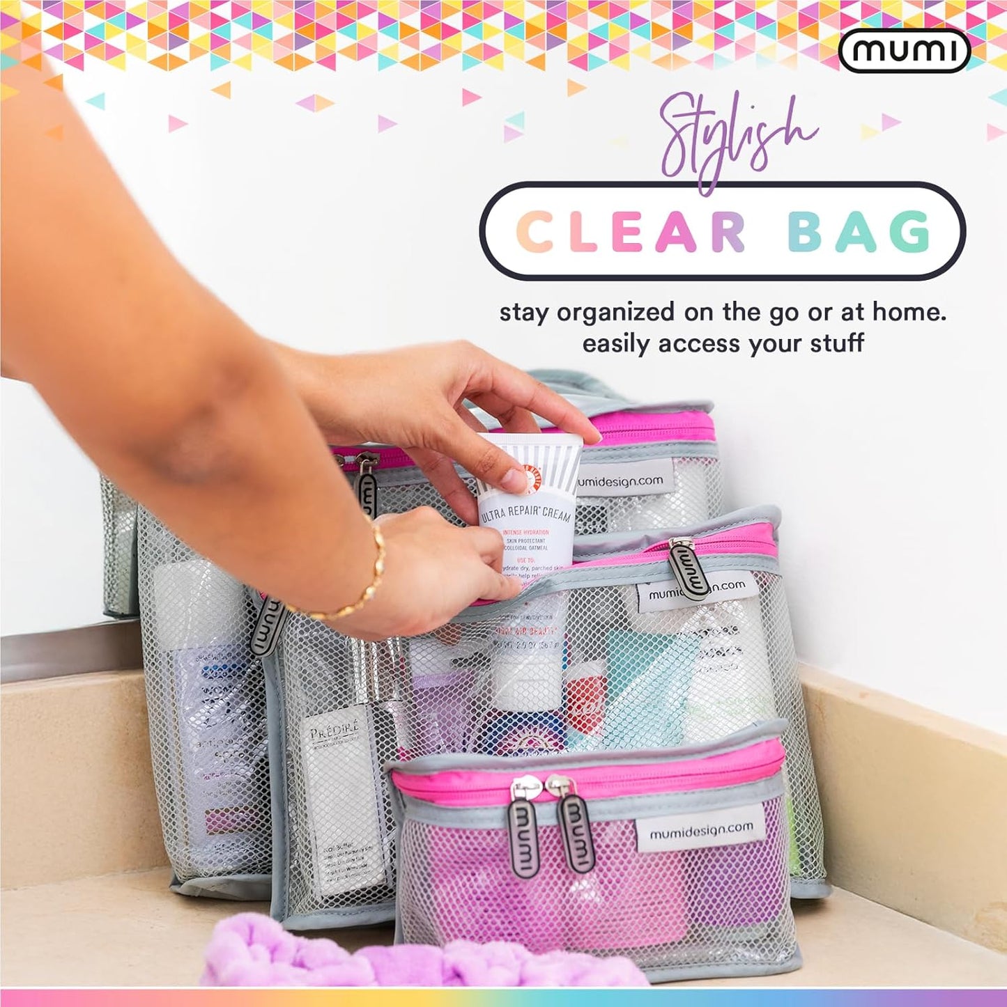 MUMI Travel Toiletry Bag Set of 3 – Clear TSA Approved Toiletry Bags for Women – Reusable Water-Resistant Makeup Organizer Pouches for Skincare, Cosmetics, Travel Accessories, Airport Packing - Orange