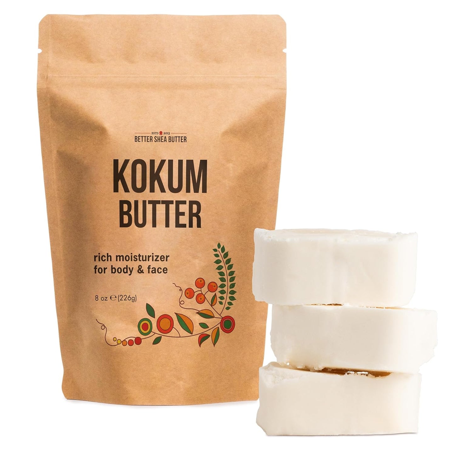 Raw Kokum Butter Unrefined - Body Butter Bar for Soap Making and DIY Skin and Hair Care Products - Pure, Unscented Moisturizer for Lotion Base - 8 oz Block