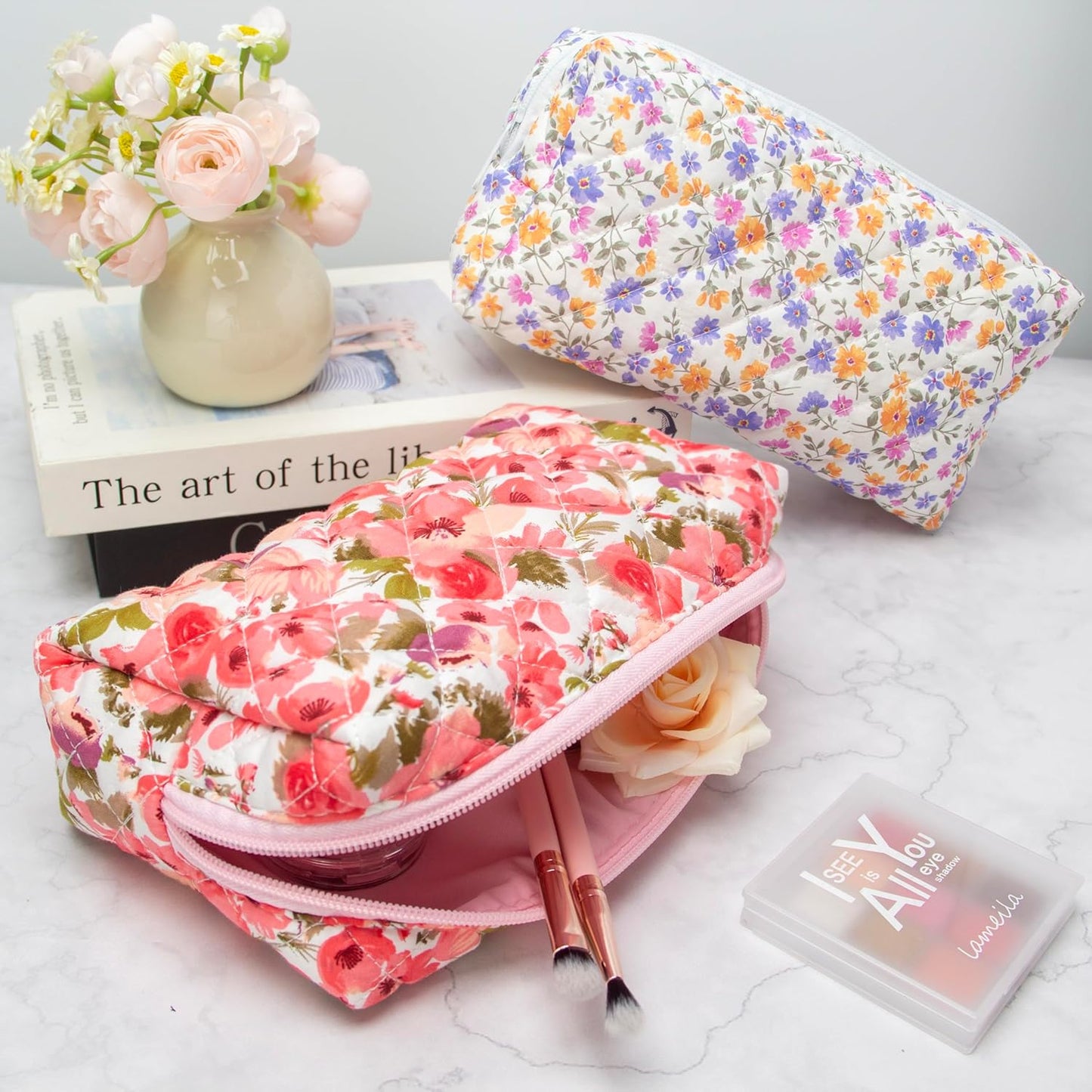 PAZIMIIK Vintage Quilted Makeup Bag Cosmetic Pouch for Brushes Pencils and Travel Make Up Accessories for Women and Girls,Flower Pink