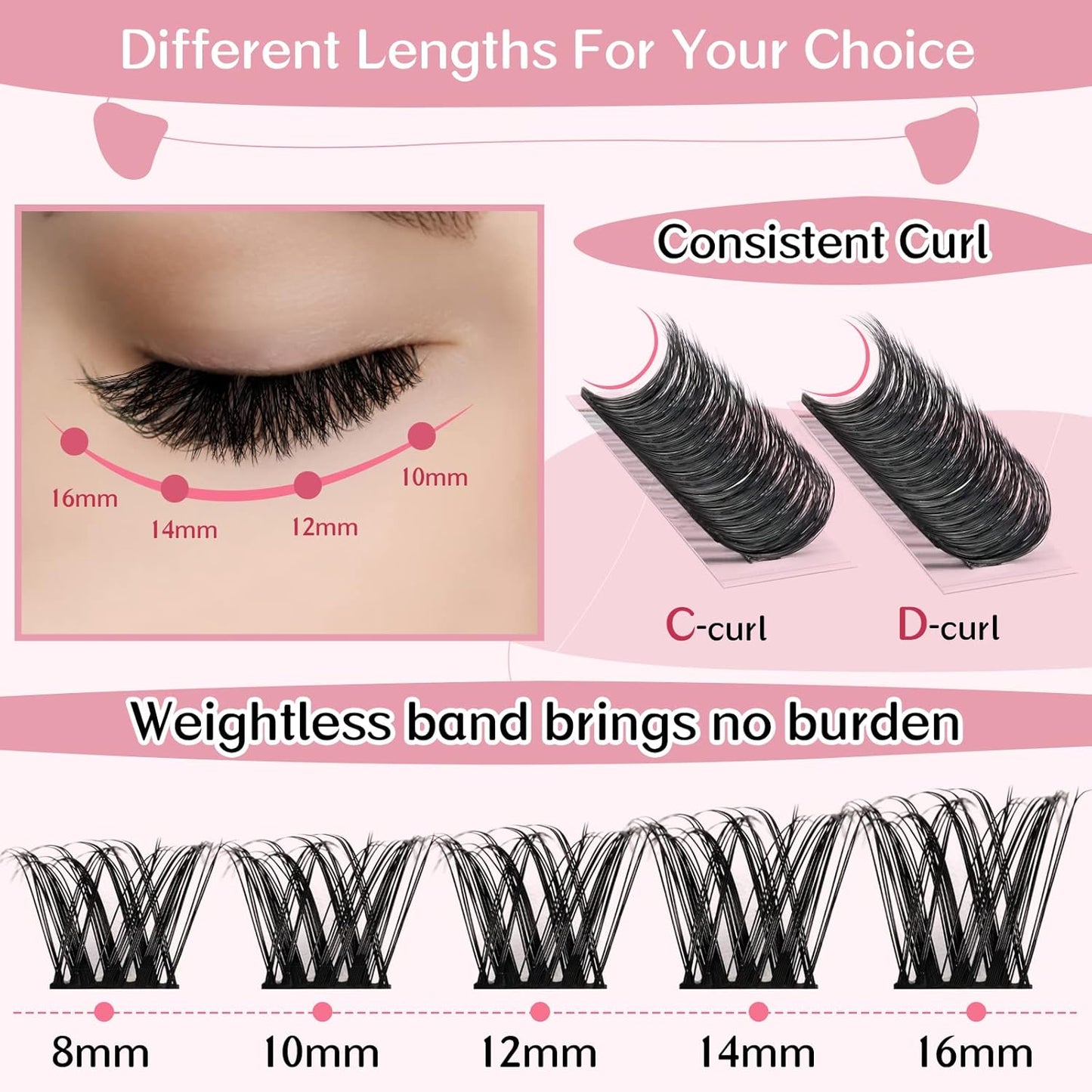 Cluster Lashes 72 Pcs Lash Clusters DIY Eyelash Extension Individual Cluster Eyelashes Tender Style Self-Application Fluffy Super Thin Band Reusable Soft & Comfortable(Tender-D-8-16mix)