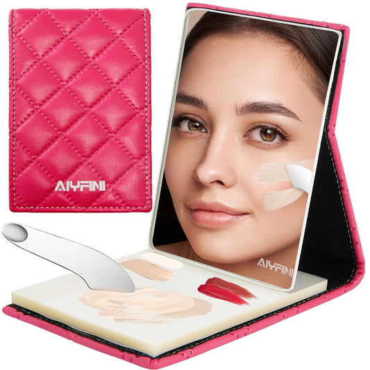 Alyfini Pocket Makeup Palette Mirror for Purse - 100 Disposable Sheets & Spatula, Small Travel Toiletry Essentials, Handheld Foundation/Lip/Nail Color Mixing Tray, Makeup Artist and Enthusiasts Gift