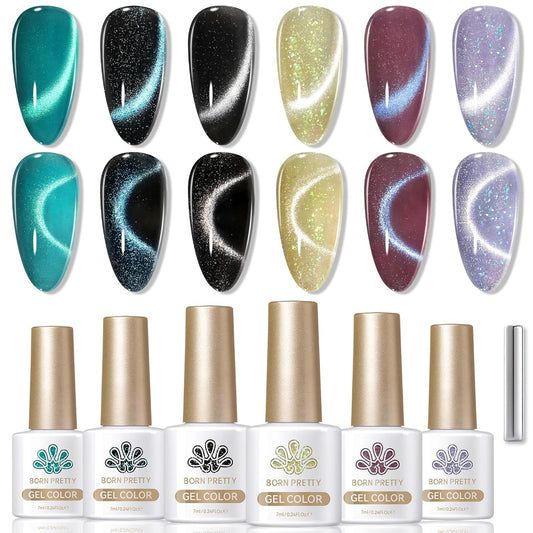 Born Pretty Cat Magnetic Eye Gel Nail Polish, 6 Colors 9D Magnetic Glitter Gel Polish Set Black Blue Purple Green Nail Polish Kit Soak Off LED Nail Art DIY Salon Gift