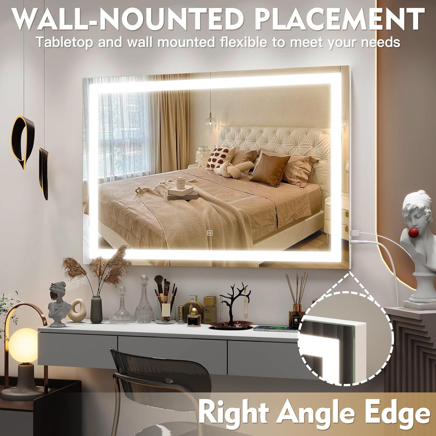 Vanity Mirror with Lights, 32" x 22" Large Lighted Vanity Mirror with Dimmable 3 Modes, LED Makeup Mirror, USB Charging Port, Tabletop or Wall-Mounted Square White