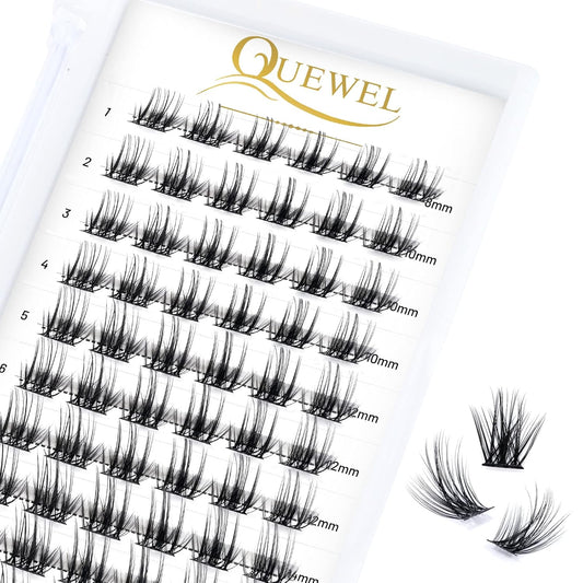 QUEWEL Cluster Lashes 72 Pcs Wide Stem Individual Lashes C/D Curl 8-16mm Length DIY Eyelash Extension False Eyelashes Fluffy02 Styles Soft for Personal Makeup Use at Home (Fluffy02-D-MIX8-16)
