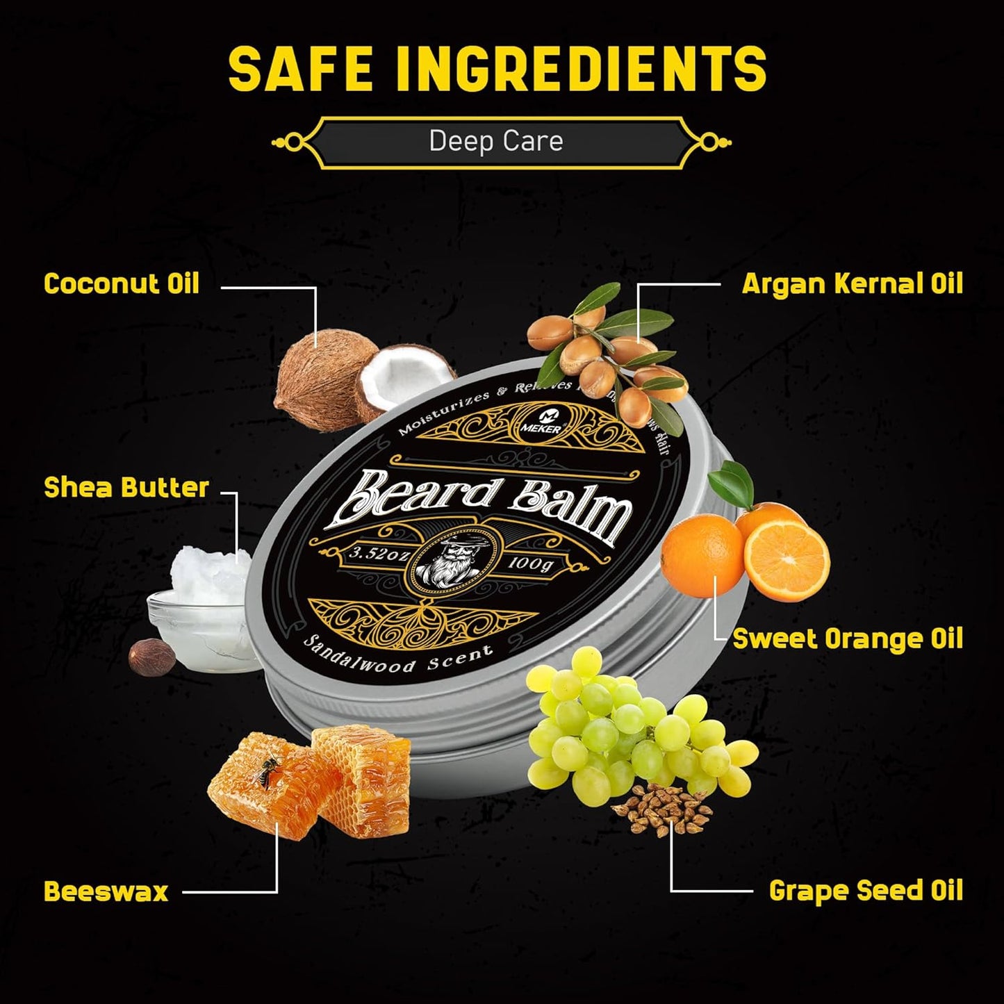 MEKER Beard Balm, Beard Softening Leave-in Balm with Brush, All-Natural Anti-Itch, Organic Beard Conditioner for Softening, Stops Itch, Grows, 3.52 OZ