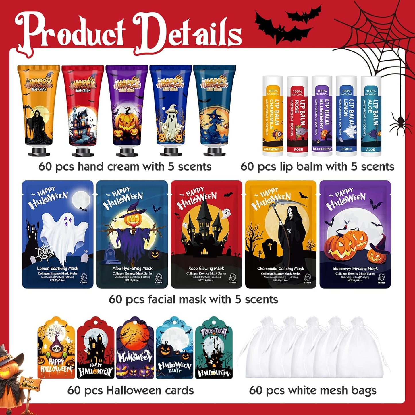 60 Pack Bulk Halloween Facial Mask, Hand Cream and Lip Balm Sets, Halloween Gifts, Halloween Party Favors, Halloween Decorations and Halloween Basket Stuffers with Halloween Card and Organza Bags