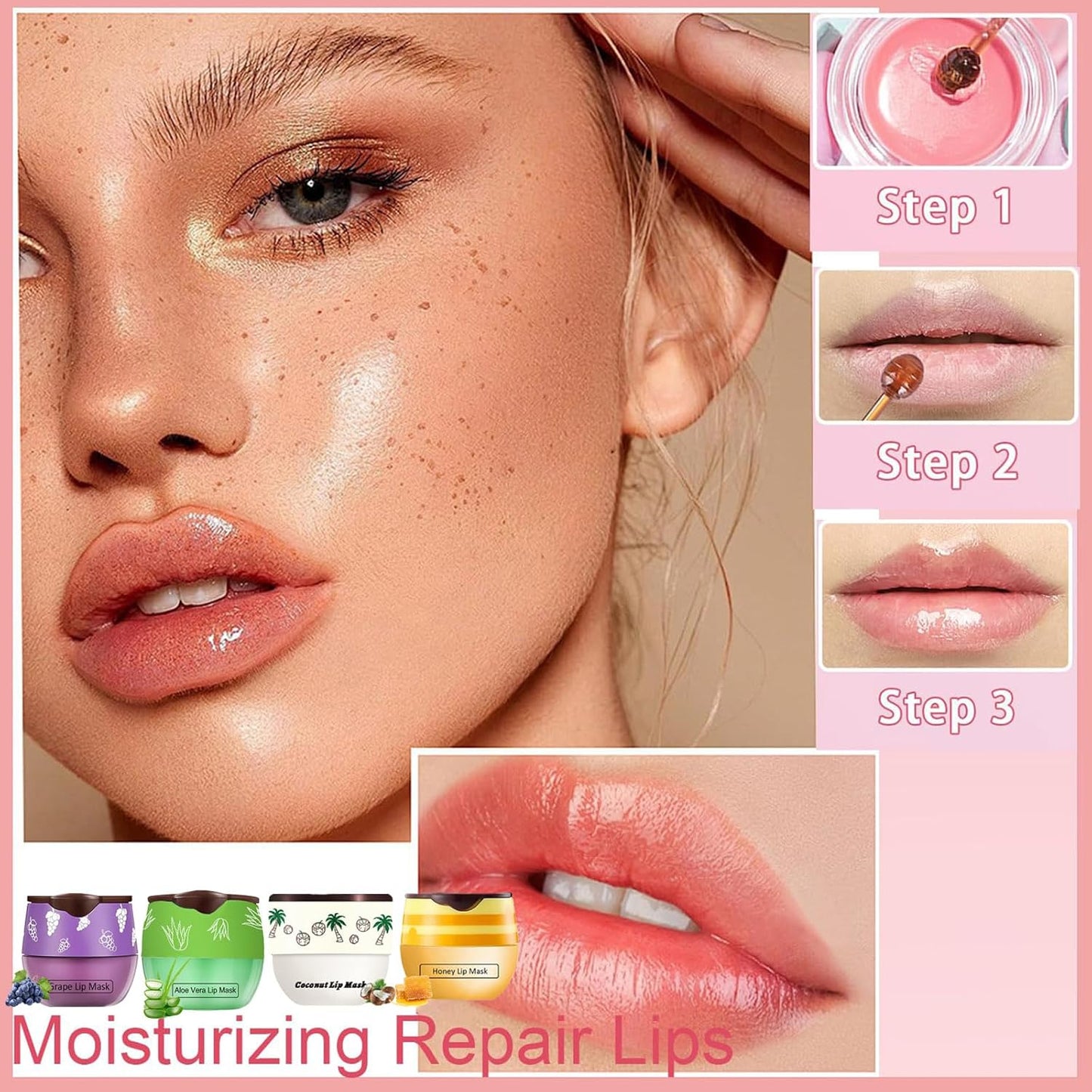 4 PCS Bee Lip Balm Honey Pot, Honey Coconut Aloe Vera Grape Sleeping Lip Mask Overnight with Sticks, Exfoliating Prevention Dry and Crack Lip Scrubs