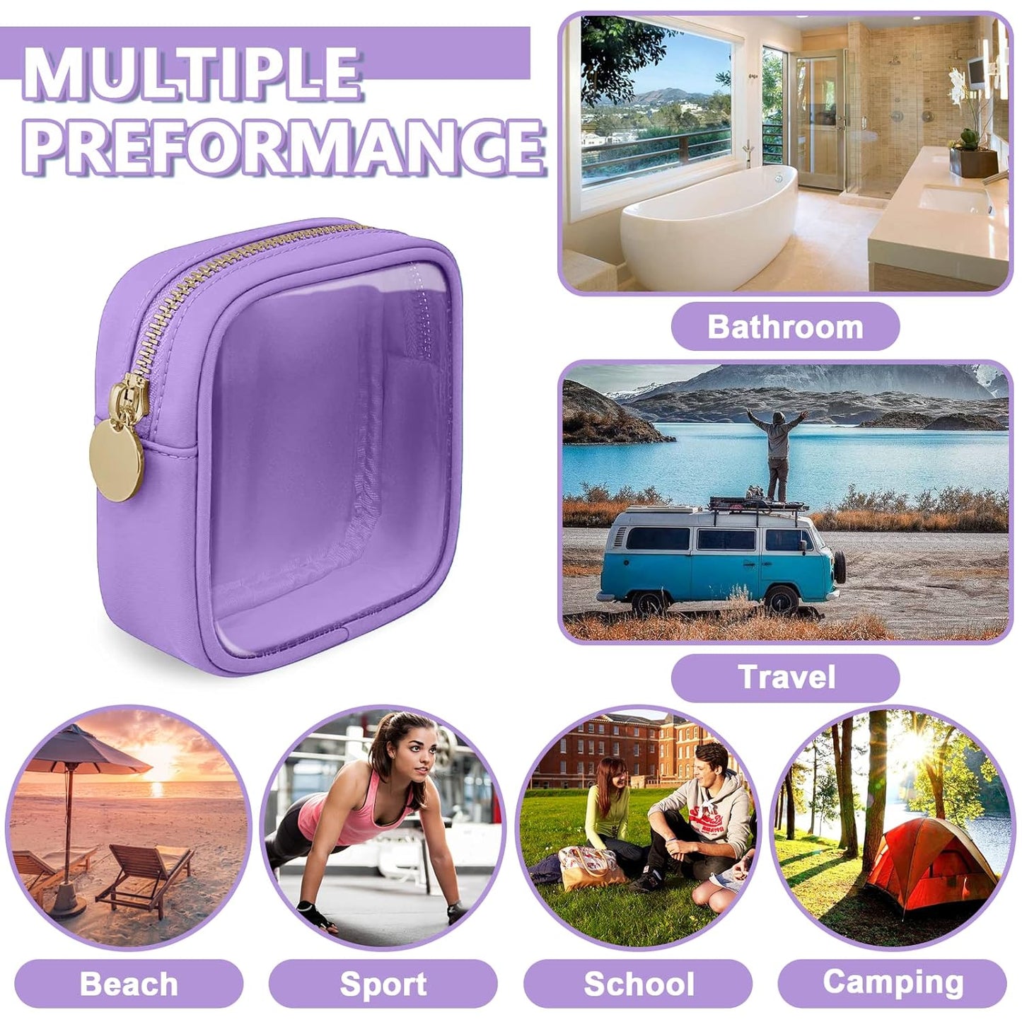 Clear Mini Makeup Bag for Purse, Small Nylon&PVC Cosmetic Travel Bag TSA Approved Toiletry Bag with Zipper, Preppy Transparent Makeup Travel Bag Coin Purse for Women Men Girls(Mini-Purple)