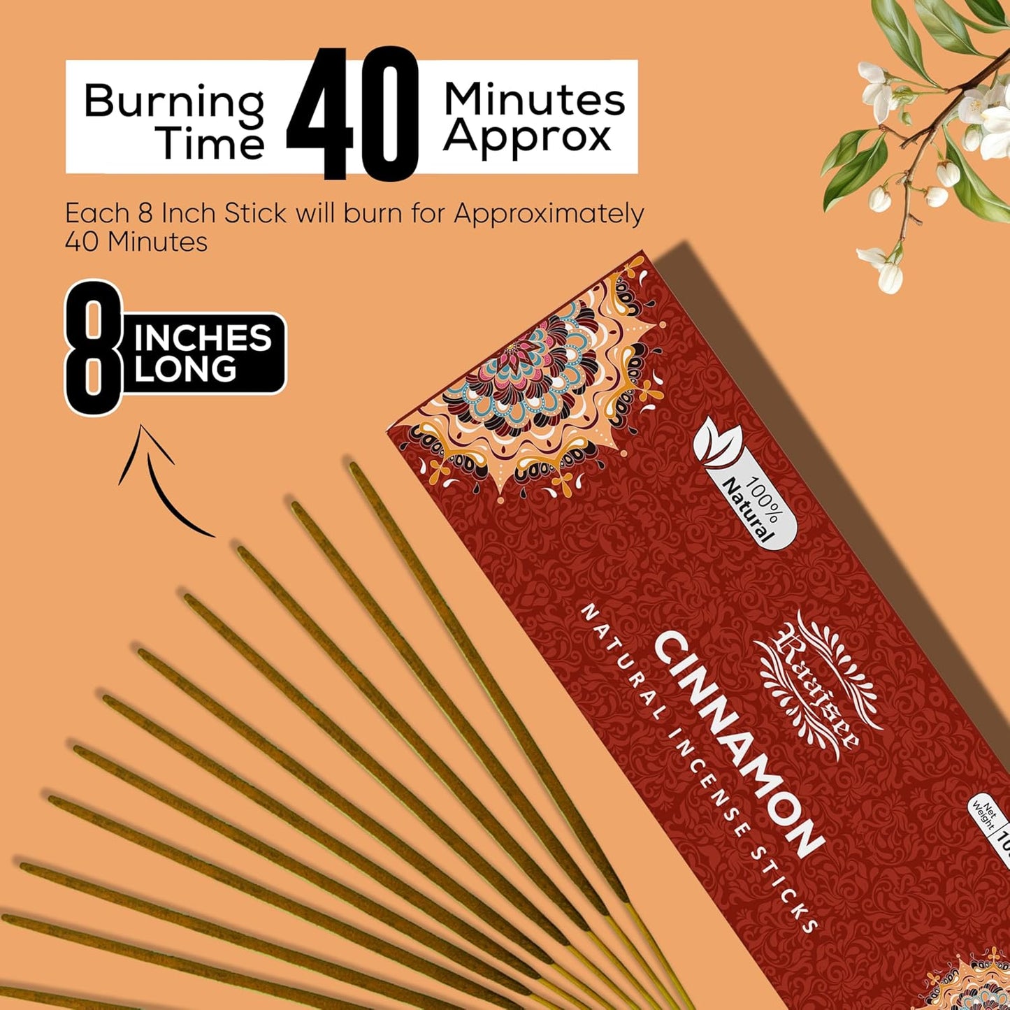 Raajsee Cinnamon Incense Sticks 100gm, Charcoal Free - !00% Natural - Organic Non-Toxic Insence Sticks, Inscents Made with Upcycled Flowers, Meditation Gifts – Spiritual Cleansing