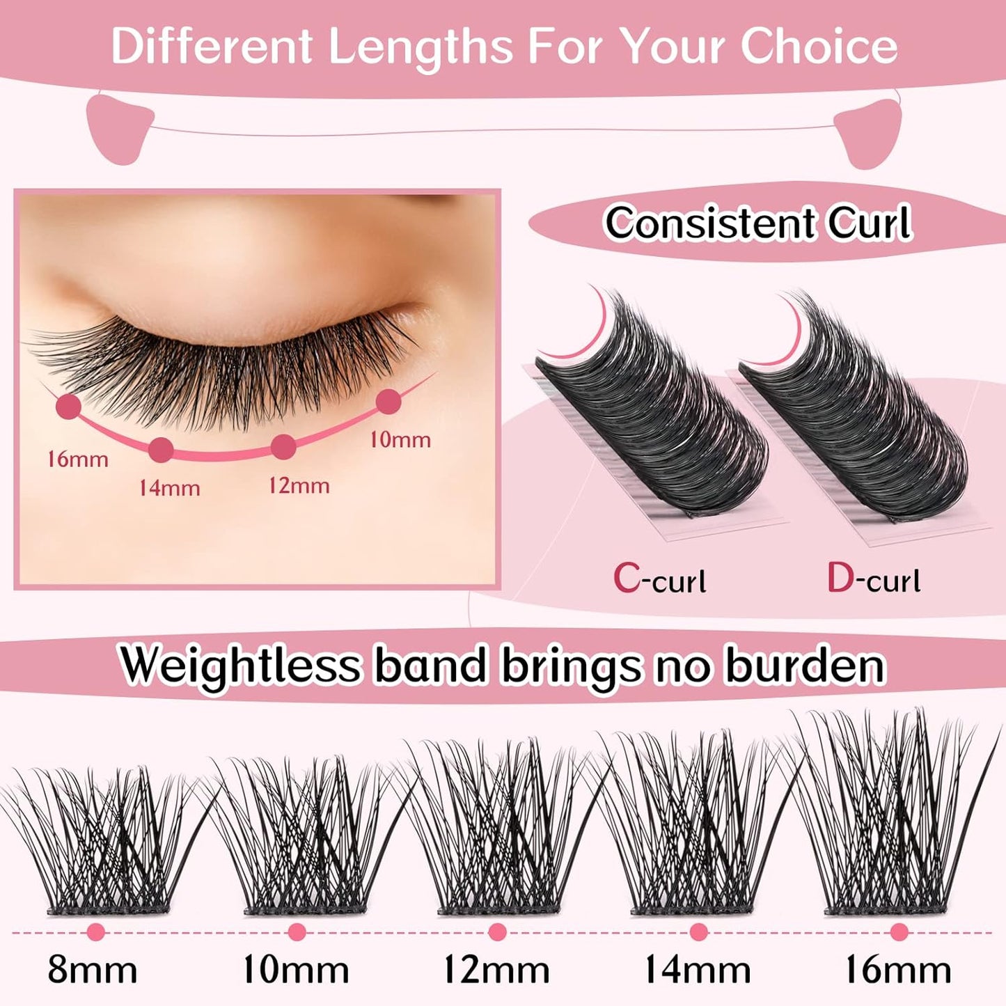 Cluster Lashes 72 Pcs Lash Clusters DIY Eyelash Extension Individual Lashes D-8-16 mix Thin Band Easy to Apply at home Lashes (First Glance, D-8-16 mix)