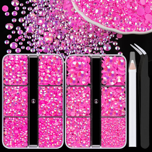 Resin Rhinestones Crafting, 2/3/4/5/6mm Flatback Jelly Rhinestones, 2 Boxes Hot Pink AB Non Hotfix Crystal Gems for Bedazzling Crafts Mugs Tumblers Clothes Makeup Nail