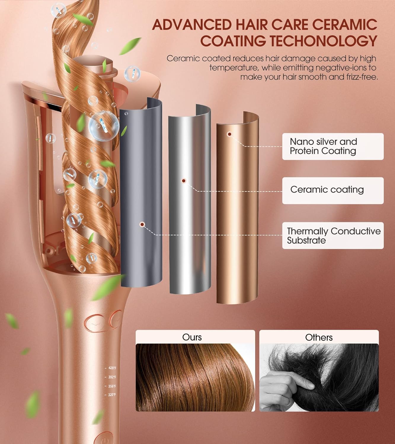 Automatic Curling Iron, Professional Automatic Hair Curler with 1" Curling Wand Large Slot & 4 Temperature & 3 Timer, Dual Voltage Anti-Tangle Rotating Curling Iron with Auto Shut-Off for Hair Styling