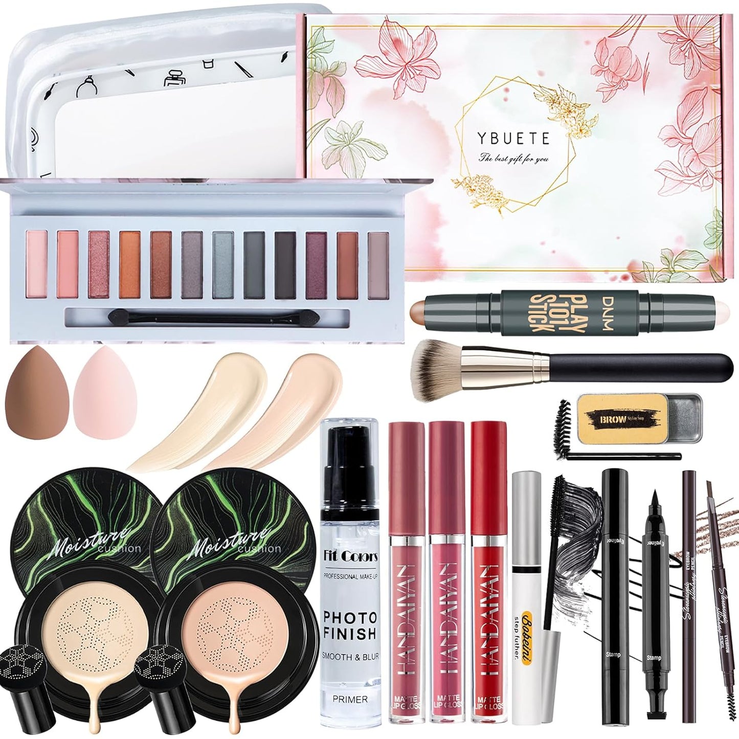 Makeup Kit Set for Women, Makeup Present for Women Teen Girl, Eyeshadow CC Cream Foundation Face Primer, Makeup Brush Sponge, Lipstick, Eyebrow Soap Pencil Mascara Eyeliner Cosmetic bag