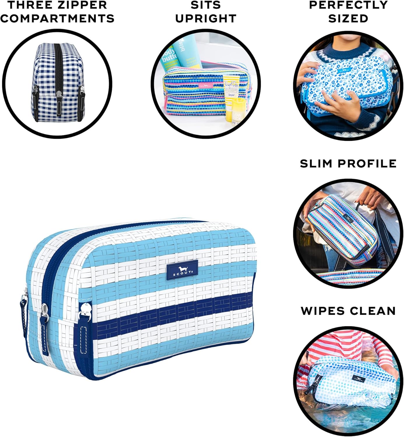 SCOUT 3-Way Toiletry Bag - Travel Makeup Pouch for Women with Three Zipper Compartments - Stands Upright, Wipes Clean
