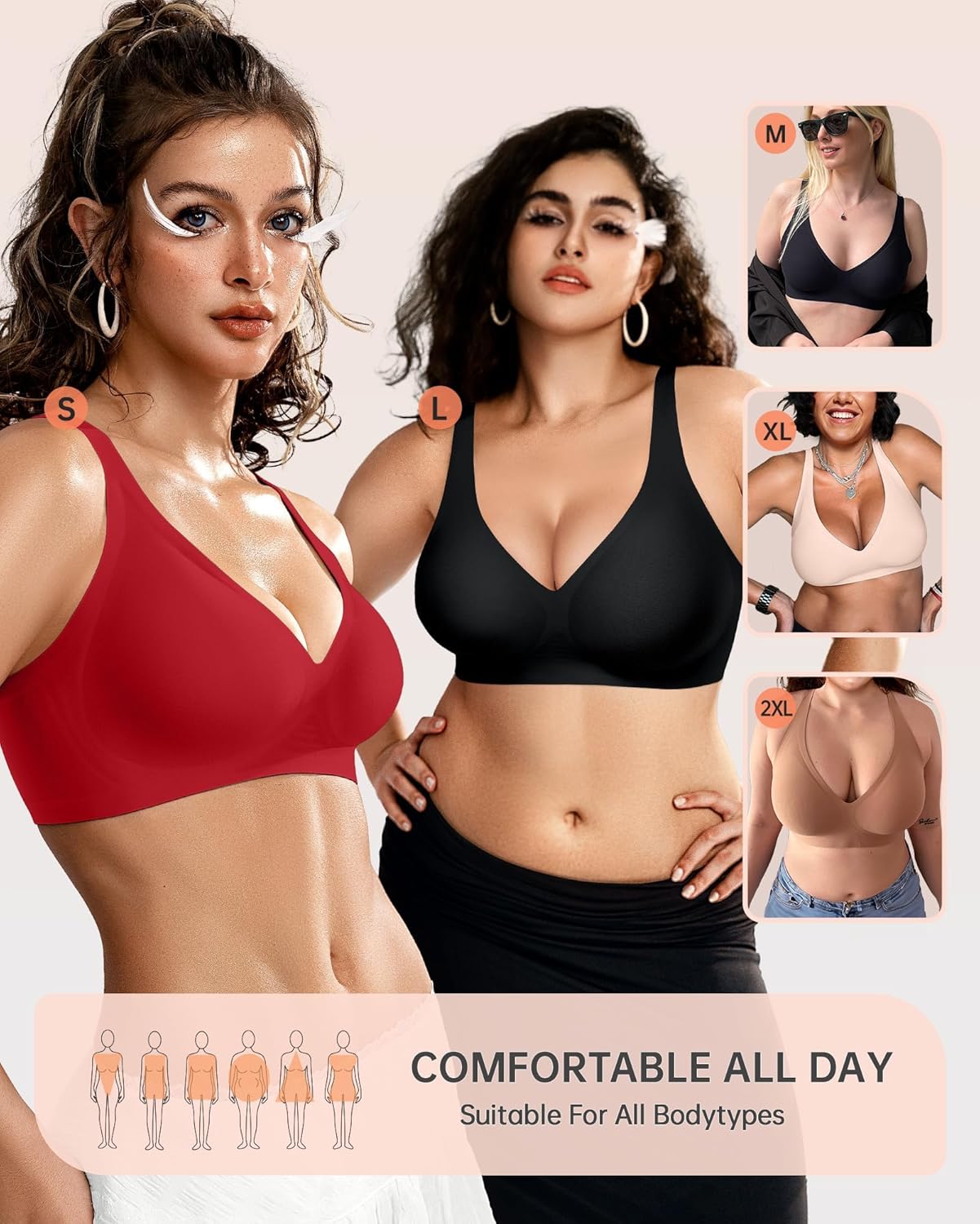 OEAK Womens Deep V Bras Wireless Comfortable Bra Supportive No Underwire Bras Tshirt Push Up Bralettes Plunge Seamless Bra