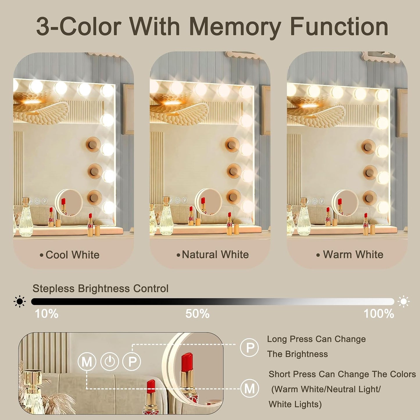 Hollywood Vanity Mirror with Lights, 15 Dimmable Bulbs, 3 Color Lights,Make Up Lighted Mirror, Aluminum Metal Frame, USB Charging Port（23" x 18"）