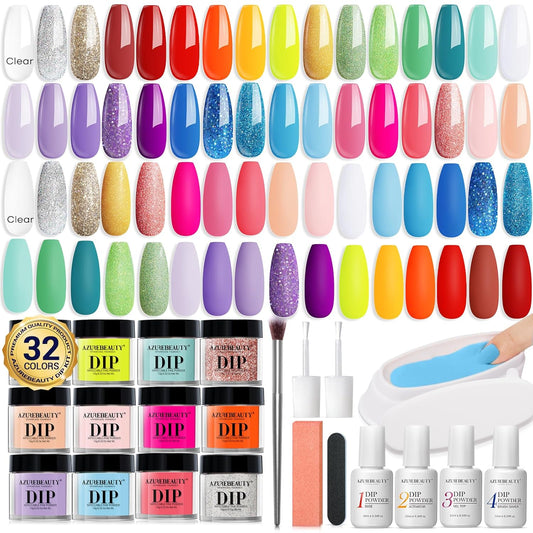 AZUREBEAUTY 42Pcs Dip Powder Nail Kit Starter - Going Summer, 32 Colors Blue Lilac Purple Pink Green Acrylic Nail Dipping Powder Set with Top/Base Coat Activator &Tray for French Art Manicure DIY Home