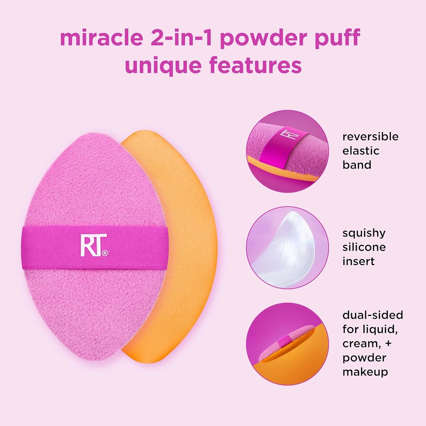 Real Techniques Miracle 2-In-1 Powder Puff + Travel Case, Dual-Sided Makeup Blending Puff, Elastic Band, Precision Makeup Sponge & Powder Puff, For Liquid, Cream & Powders, Travel Case, 2 Count