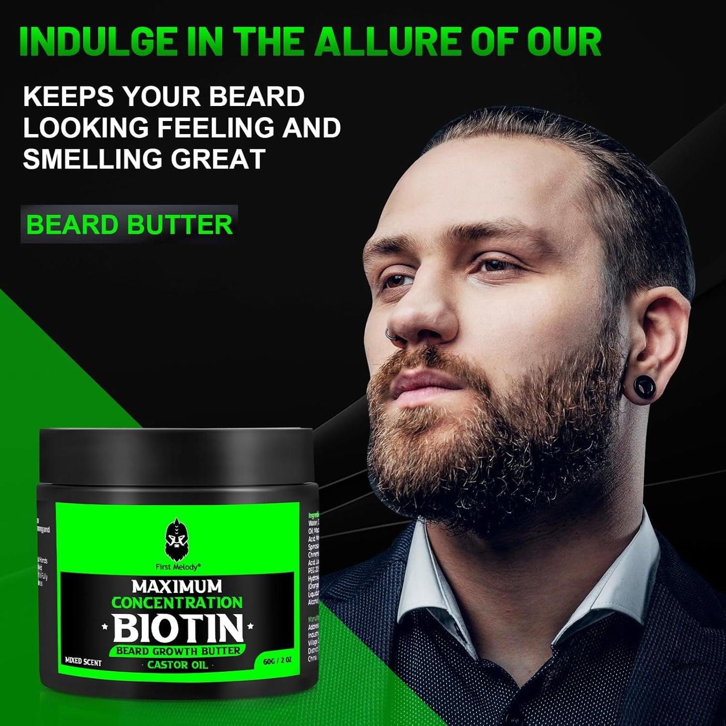Beard Butter-Maximum Concentration Biotin,with Castor Oil and Argan & Jojoba Oils, Promotes Beard Growth, Styles, Strengthens & Softens Beards ,Unruly Beards While Relieving Itch,2 Ounce*2(2 Pack)