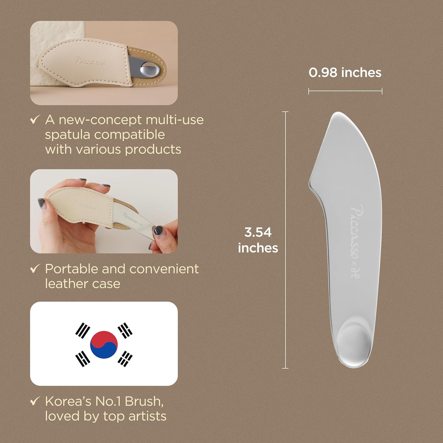 Piccasso 2-Way Makeup Spatula – Professional Foundation & Skin Care Spatula for Face, Dual-Ended Stainless Steel Tool for Precise and Hygienic Application, Includes Leather Case
