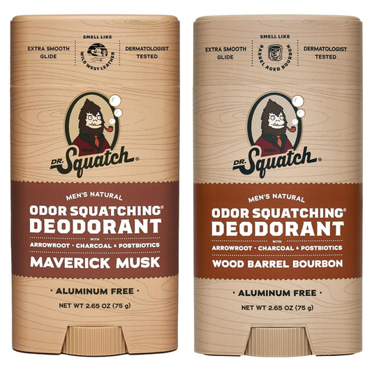Dr. Squatch Natural Deodorant for Men - Odor-Squatching Aluminum Free - Maverick Musk & Wood Barrel Bourbon (2.65 oz, 2-Pack)