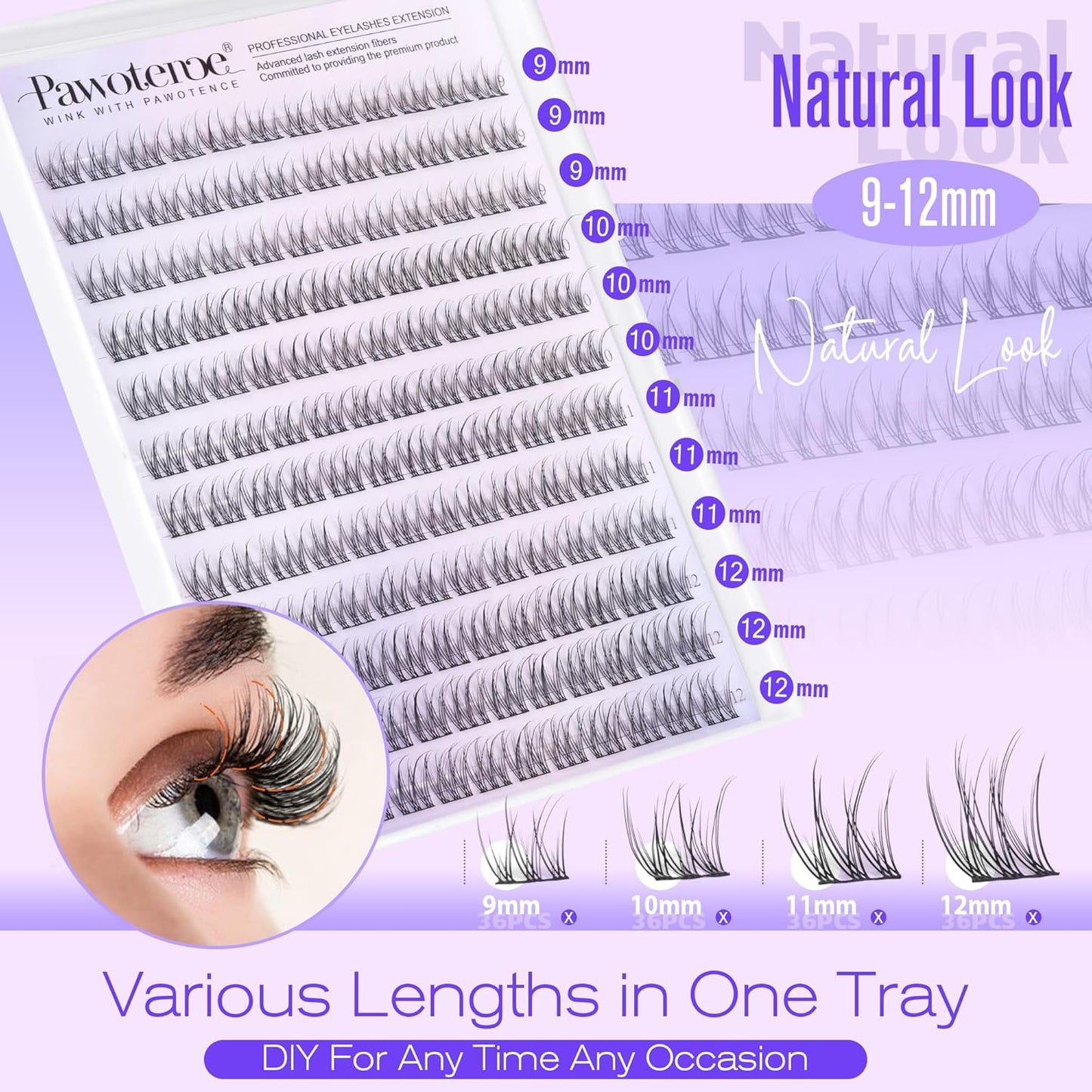 Pawotence Natural Lash Clusters Wispy Cluster Eyelash Extensions 144pcs Eyelash Clusters 9-12mm Individual Lashes Extension DIY Soft C Curved Lashes Clusters