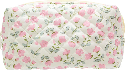 PAZIMIIK Vintage Quilted Makeup Bag Cosmetic Pouch for Brushes Pencils and Travel Make Up Accessories for Women and Girls Flower White