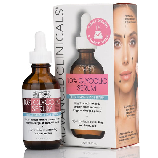 Advanced Clinicals 10% Glycolic Acid Serum For Face | Exfoliating AHA + Lactic Acid + Salicylic Acid Serum | Facial Chemical Peel Skin Care Treatment For Acne, Large Pores, & Dark Spots. 1.75 FL Oz
