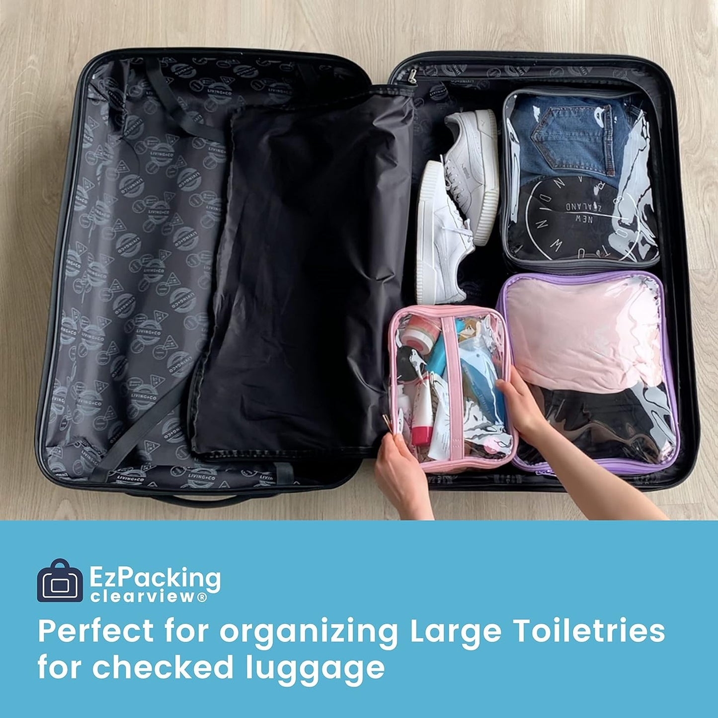 Large Cosmetic Bag for Women / Clear, See-Through Makeup, Hair & Nail Accessories Pouch for Travel or Home / Transparent PVC Plastic Organizer, Spacious Interior, Handle & Double Zippers (Silver)