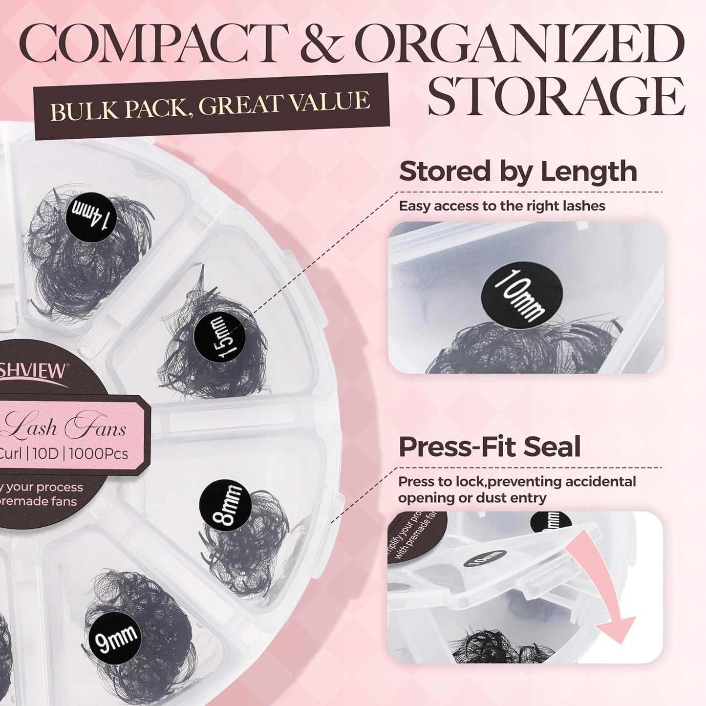 LASHVIEW 600 Fans 10D Premade Volume Eyelash Extensions Mixed Tray Premade Fans Eyelash Extensions C Curl Premade Lash Fans Pointed Handmade Promade Loose Fans Thin Base (10D-0.05C,8-15mm)