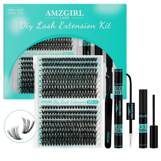 Lash Extension Kit 320Pcs,DIY Individual Lashes Clusters Kit,Lash Bond And Seal,Lash Remover For Eyelashes Extensions,Lash Applicator Tool For False Eyelash Cluster Kit At Home(40D50D,D-Mix9-16mmKit)